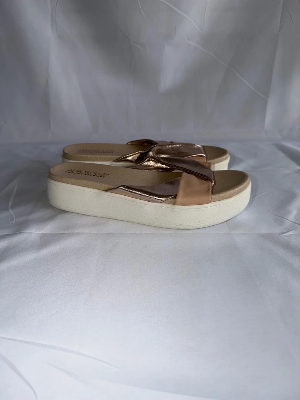 AEROSOLES Metallic Rose Gold and Blush Platform Slide Sandals